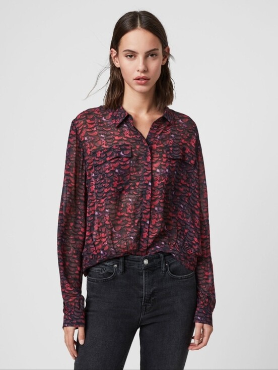 All Saints Tops - All Saints Adeliza Plume Blouse Jewel Tone Semi Sheer Feather Printed Sz Medium
